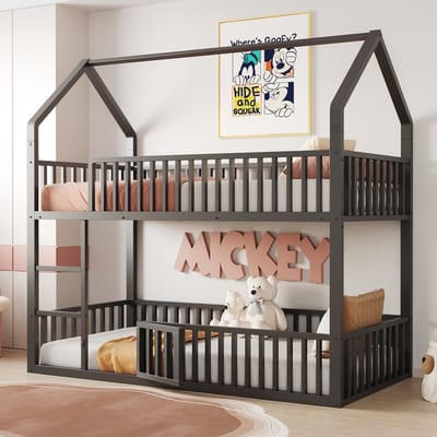 DESMIU Stapelbed 90x200 cm – Huisvormig Kinderbed Met Frontladder – Hoogslaper Met Afsluitbare Onderzone – Voor Kinderkamer – Metaal – Zwart – Zonder Matras
