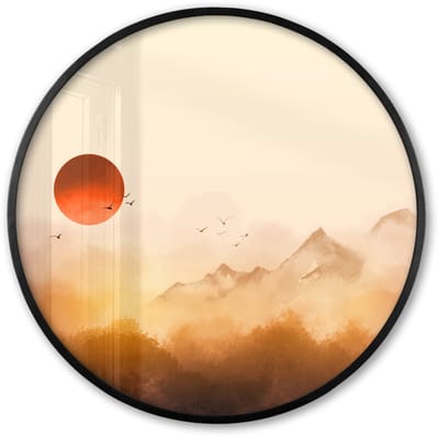 Poster in lijst Rond - Fotolijst 60x60 cm - Posters - Schilderij - Zon - Landschap - Vogels - Ronde posterlijst zwart - Decoratie - Wanddecoratie woonkamer - Muurdecoratie slaapkamer