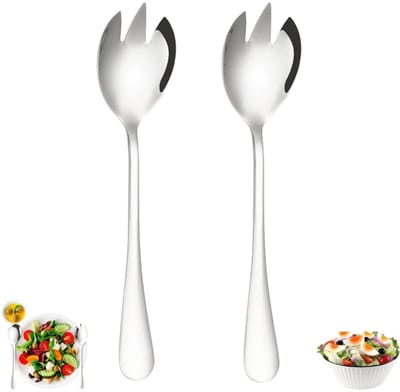 2 stuks - Saladelepel - Saladebestek - Roestvrijstalen saladebestekset - Zilver - Roestvrijstalen saladelepel met lange steel - Saladebestek - Roestvrijstalen lepel en vork - Geschikt voor buitenactiviteiten, kamperen en buffetten