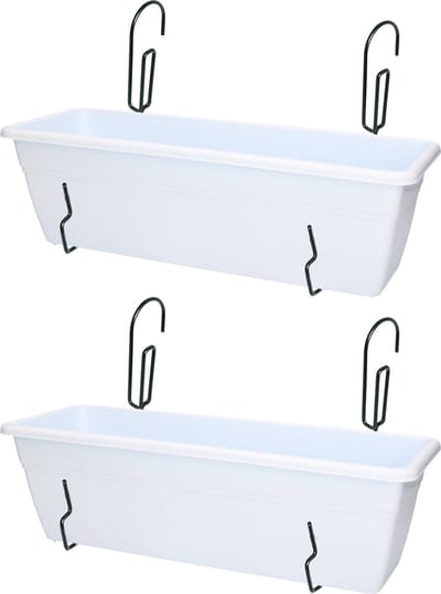 2x stuks hangende reling balkon plantenbakken wit rechthoekig 50 x 17 x 15 cm met setje metalen ophang beugels