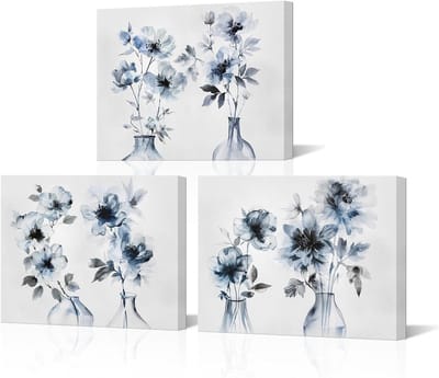 Canvas Bloemenprints - Wanddecoratie Set - Interieur Verfraaien - Klaar om op te hangen - 30x40 cm 3 stuks - Blauw