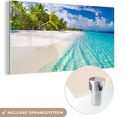 MuchoWow® Glasschilderij 40x20 cm - Schilderij acrylglas - Palmboom - Zee - Tropisch - Foto op glas - Schilderijen