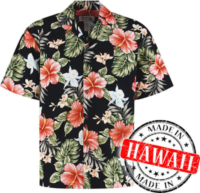 Hawaii Blouse Mannen - Shirt - Hemd - 100% Katoen - Overhemd Heren Korte Mouw - Made in Hawaii "Hibiscus Zwart" Maat S