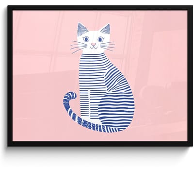 Poster in lijst - Fotolijst 70x50 cm - Posters - Kat - Illustratie - Minimalistisch - Roze - Posterlijst zwart - Decoratie - Wanddecoratie woonkamer - Muurdecoratie slaapkamer