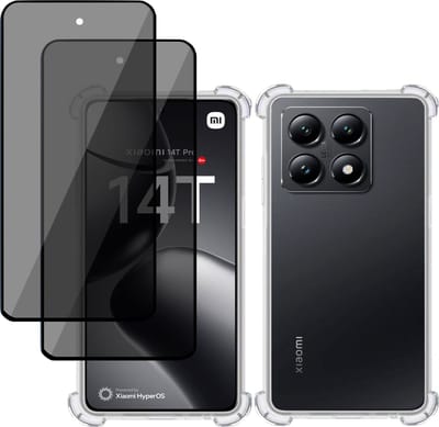 Hoesje + 2x Privé Screenprotector geschikt voor Xiaomi 14T – Privacy Tempered Glass - Case Transparant
