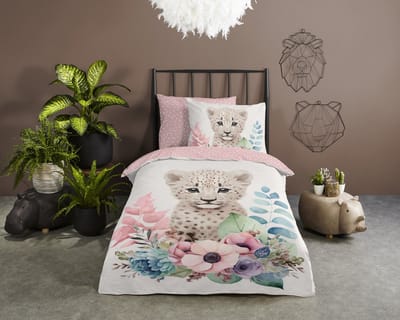 Good Morning dekbedovertrek bloemen met een luipaard - 1 persoons 140x200/220 cm - Multi - 100% Katoen renforc�