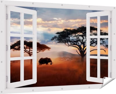 Gards Tuinposter Doorkijk Olifant in het Wild - Savanne - 180x120 cm - Tuindoek - Tuindecoratie - Wanddecoratie buiten - Tuinschilderij