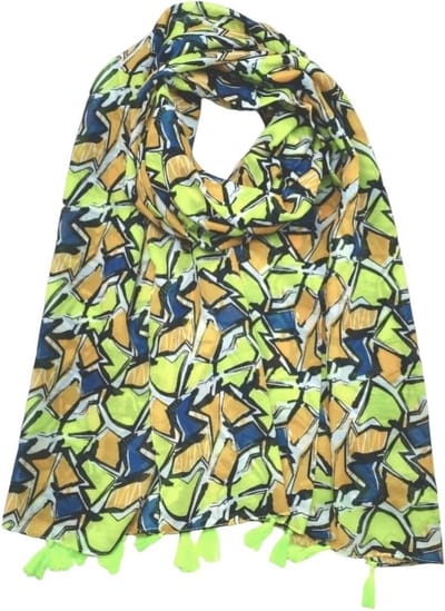 Lange dames sjaal Joan fantasiemotief neon groen wit blauw zwart oranje