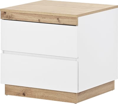 Nachtkastje Wit Eiken - Klassiek Bedkastje - Twee Ruime Lades - Extra Opbergruimte - E1 Spaanplaat - Slaapkamer - Compact - Wit en Eikenkleur