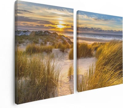 Artaza Canvas Schilderij Tweeluik Strand En Duinen Tijdens Zonsondergang - 120x80 cm - Wanddecoratie Woonkamer - Schilderijen - Muurdecoratie