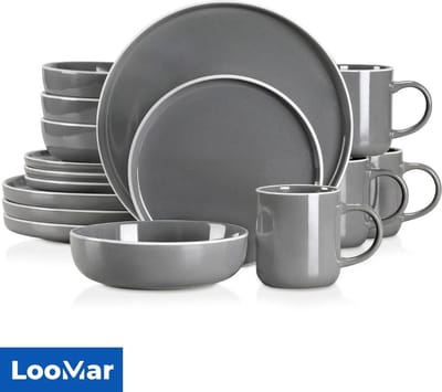LooMar Serviesset – 16 delig – 4 persoons – Keramiek - Luxe – Bordenset - Koppen - Kommen - Grijs - Witte Rand