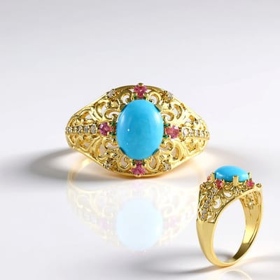 Cavill - Luxe 925 Sterling Zilver Ring Verguld - 1 387 ct Turkoois Ovaal Cabochon - 0 171 ct Roze Spinel - Elegante Damesring