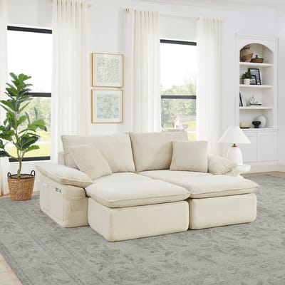 STILVORA 2-Zits Vloersofa - Modulaire Zetel Met Voetenbank En Opbergvakken - Voor Woonkamer En Kantoor - Stof Beige