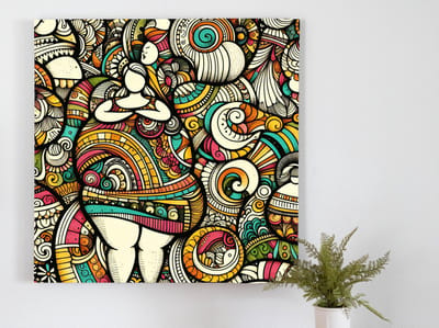 Doodle dikke dames schilderij | Volslanke vrouwen in levendige lijnen: een dans van kleuren | Kunst - 20x20 centimeter op Canvas | Foto op Canvas