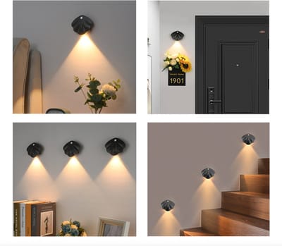 Oplaadbaar Dimbaar LED Wandlamp Schelp Nachtlampje - Met Bewegingssensor - Draadloos - Zonder Boren Zonder Stroom - Op accu - Trap/Woonkamer/Slaapkamer/Kinderkamer Verlichting- Binnen Muurlamp - Wanddecoratie met LED Verlichting - ZWART
