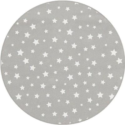 Vloerkleed - Rond - Sterren - grijs - laagpolig, kinderkamer, wasbaar, Anti-Slip, grijs - 100 cm