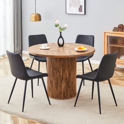 MODFU Eettafelset - Ronde Tafel Met Ergonomische Stoelen - Modern - Eetkamer - MDF Metaal PU-Leer - Zwart Houtkleur - 100 Cm
