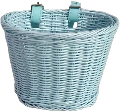 Kinderfietsmand – Kunststof mand met vlechtwerk-look – Fietsmand voor voorop – Uitstraling van gevlochten riet – Duurzaam kunststof – Verstelbare bevestigingsbanden – Bovenkant (L 20 cm x B 15 cm), Hoogte 15 cm, Onderkant (L 15 cm x B 10 cm)