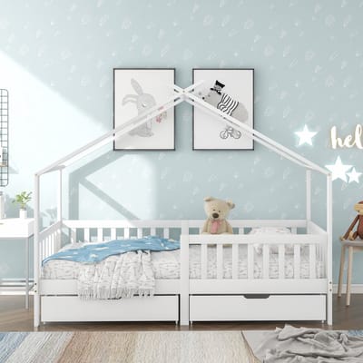 REDOM Kinderbed 90x200 cm van massief hout – Huisvorm met 2 lades en veiligheidshek – Wit