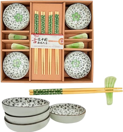 Sushi Servies Set - 4 persoons - Sauskommetjes, Eetstokjes & Opleggers - Japans Handbeschilderd Keramiek - Groen