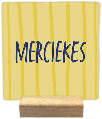 Merciekes - Keramische decoratie tegel - incl. houten presenteerblok
