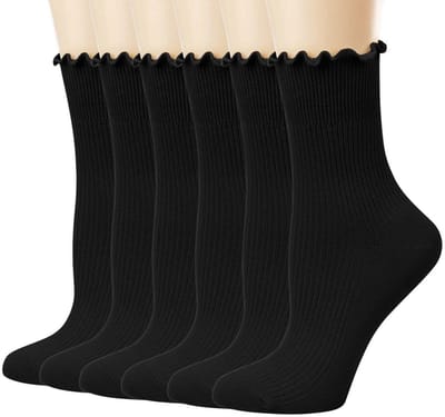 WiseGoods Premium 6 Paar Dames Sokken Met Ruches - Zacht Ademend Katoen - Huissokken Casual - Wintersokken Vrouw - 35-40 Zwart