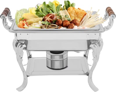 Buffetwarmers Set - Voedselverwarmer Chafing Dish - Eten Warm Houden - Stabiele Houten Standaard - 4 Liter Capaciteit - Zilverkleurig
