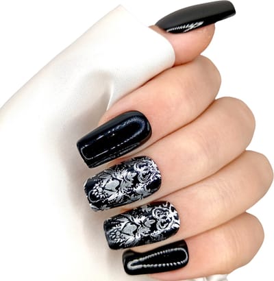 SD Press on Nails - No. 39 Chemical Romance - Medium Recht - Zwart met zilver - Plaknagels - Gelnagels - Handgemaakte Nagels - 20 stuks - Cosplay - Accessoires - (gel)Nagellak - Nagelstudio - Nail Art - Nagels met lijm - M Nageltips