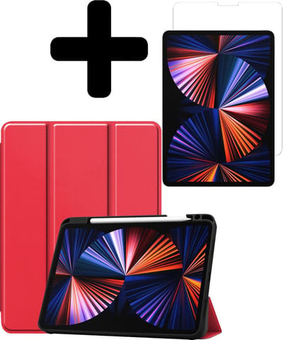 Hoes - Geschikt voor Apple iPad Pro (2021) - 11 inch - 3e generatie - Met Screenprotector - Trifold Bookcase - Hard Cover Case - Met Uitsparing Geschikt voor Apple Pencil - Hardcover Book - Tablet Hoesje - Rood