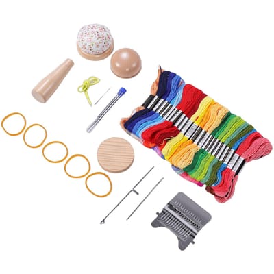 Mini Champignon à Raccommoder Kit Bois 14 Crochets Outil de Tissage Patchwork avec Aiguilles 50 Couleurs Fil pour Réparation Chaussettes Jeans