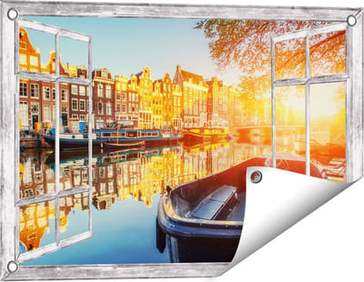 Gards Tuinposter Doorkijk Amsterdamse Brug - Gracht - met Bloemen - 60x40 cm - Tuindoek - Tuindecoratie - Wanddecoratie buiten - Tuinschilderij