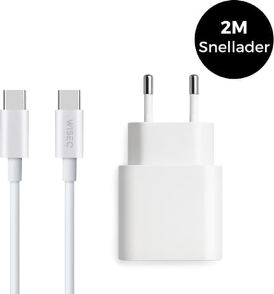 USB C snellader met Quick Charge - inclusief 2 meter USB C naar USB C oplaadkabel 100W - geschikt voor iPhone 17 / 16 / 15 en Samsung Galaxy - wit - WiseQ