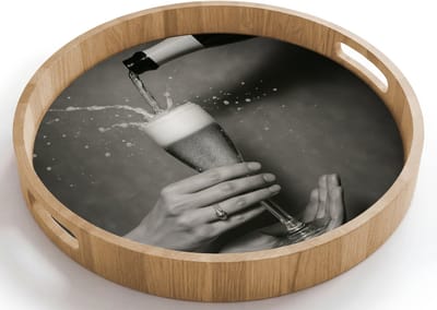 Dienblad rond 40x40 cm - Schootdienblad hout - Champagnefles - Glas - Minimalistisch - Spetters - Borrelplank rechthoek - Plateau houten dienbladen