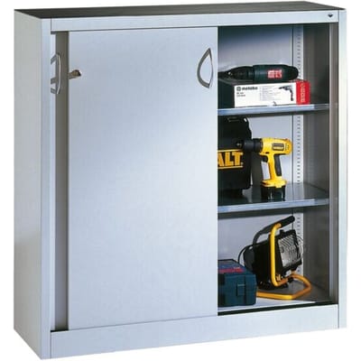 C + P gereedschapskast met schuifdeuren Acurado, B 1600 x D 500 x H 1000 mm, draagvermogen per legplank 70 kg, staal, lichtgrijs