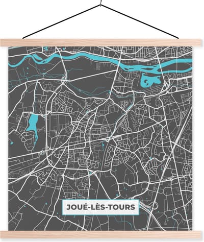 Posterhanger incl. Poster 40x40 cm - Schoolplaat - Frankijk - Joué-lès-Tours - Plattegrond - Kaart - Stadskaart - Textielposter - Blanke latten - Stadskaart