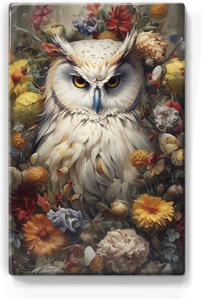Witte uil met bloemen - Laqueprint - 19,5 x 30 cm - Niet van echt te onderscheiden handgelakt schilderijtje op hout - Mooier dan een print op canvas. - LP304