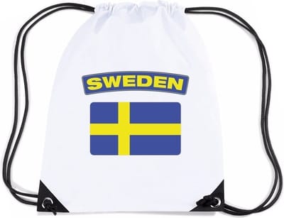 Zweden thema sporttas - nylon rijgkoord rugzak - wit met vlag print - supporters - 11 liter - 45 x 34 cm