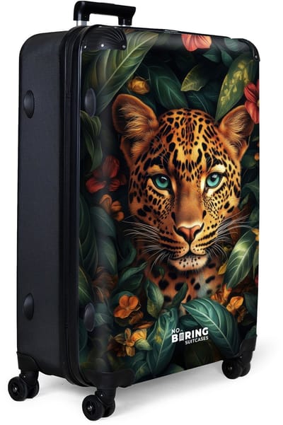 NoBoringSuitcases.com® - Koffer groot - Reiskoffer lichtgewicht - Luipaard tussen tropische bloemen - Rolkoffer met 4 wielen - Grote trolley XL - 98 liter bagage