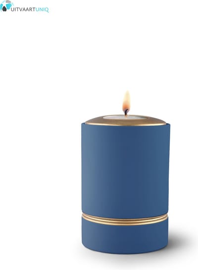 Mini asbus urn blauw met herdenkingslichtje - keramiek