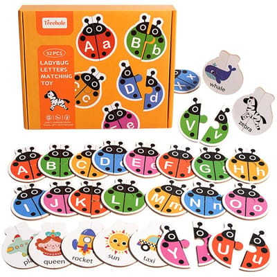 Puzzle d'association d'alphabet Coccinelle Cartes Double Face Mots et Lettres Jouet d'apprentissage idéal pour les Enfants Jeu de Société Interactif