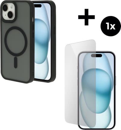 Mobiparts Hardcover MagSafe hoesje geschikt voor Apple iPhone 15 - MagSafe - met 1 Screenprotector van Gehard Glas - Zwart