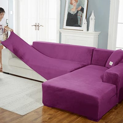Fluwelen bankhoes Luxe L-vorm banken hoes effen kleur hoekbankhoezen fauteuil anti-stof elastische hoes huisdiervriendelijk 4seater 230-300cm