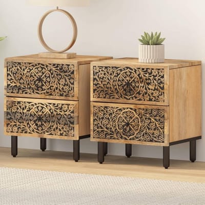 Nachtkastje Hout - Bijzettafel Laden - Slaapkamer Opbergen - Handgesneden Patroon - 40x33x46 cm - Bruin