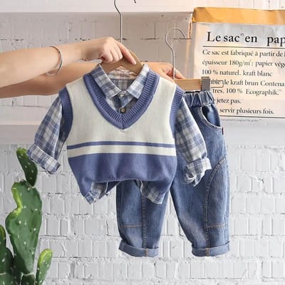 Jongens Herfstpak Knappe Baby Lente en Herfst Trui Vest Driedelig Kinderpak Koreaanse Versie Los en Comfortabel Casual Pak 80 gray