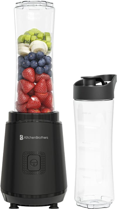 KitchenBrothers Mini Blender - BPA-vrij - Blender to Go - Smoothie Maker - 2 To-Go Bekers 600 ml - Zwart