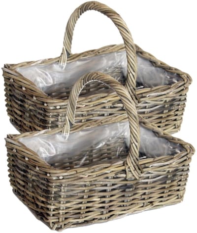 Van der Leeden Mand met hengsel - 2x - bruin - 40 x 28 x 30 cm - rotan - gevlochten riet - opbergmand - bloempot/plantenpot