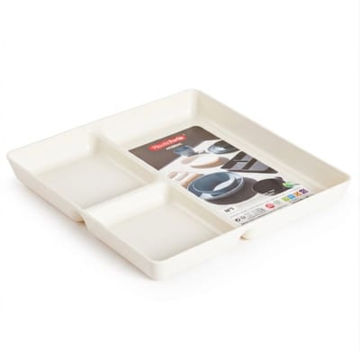 Plasticforte Vakjesborden - 1x stuks - ivoor wit - gourmetbord - 3-vaks - kunststof - 24 x 24 cm - fonduebord - bbq - camping