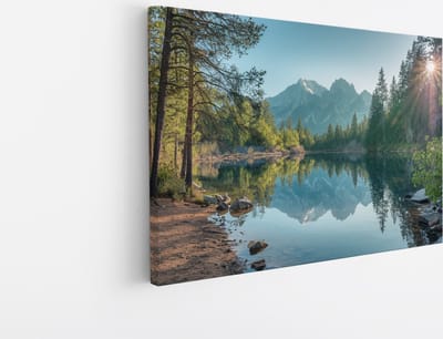 Saammp Canvas Schilderij - Bergen - Zon - Meer - botanisch - Landschap - Natuur - 45x30 - Foto op canvas - Wanddecoratie - Muurdecoratie Woonkamer - Slaapkamer decoratie - Canvas Print