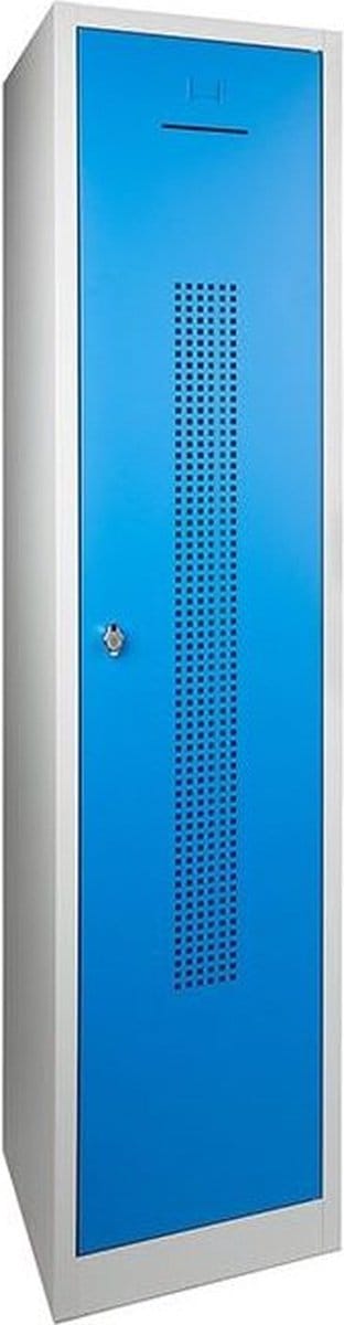 Garderobekast perfo deur met scheiding t.b.v. schoon/vuil indeling 180 hoog 41,5 breed 50 diep 1 deurs Blauw met hangoog sluiting (exl. hangslot) op sokkel