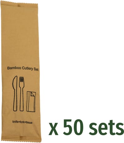 Bamboe Bestekset met Servet - 50 Sets - Milieuvriendelijk Wegwerpbestek - Bamboe Vork en Mes - Ideaal voor Feest, Picknick en Takeaway